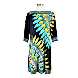 Shift Dress Pull-on Boatneck Blue Feather Abstract Print ¾ Sleeve Women's Size14